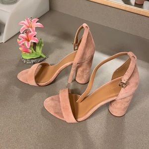J Crew blush suede ankle strap heels.